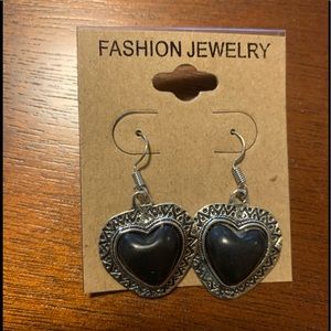Heart-shaped Silver and Black Onyx Earrings
